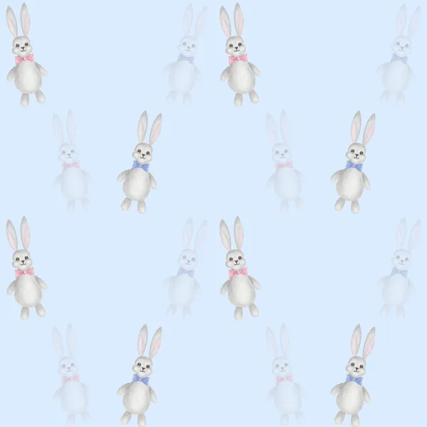 Watercolor seamless pattern. Hand painted illustration of grey bunny. Hare with pink and blue bows. Cute cartoon rabbit toy. Print on blue background for Easters card, children textile, packaging