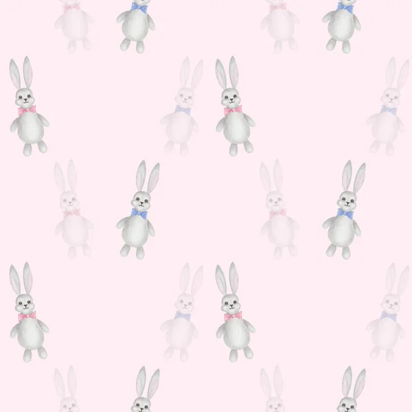 Watercolor seamless pattern. Hand painted illustration of grey bunny. Hare with pink and blue bows. Cute cartoon rabbit toy. Print on pink background for Easters card, children textile, packaging