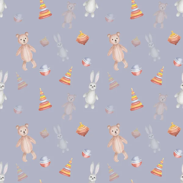 Akvarell Sömlöst Mönster Handmålad Illustration Nalle Kanin Hare Baby Leksaker — Stockfoto