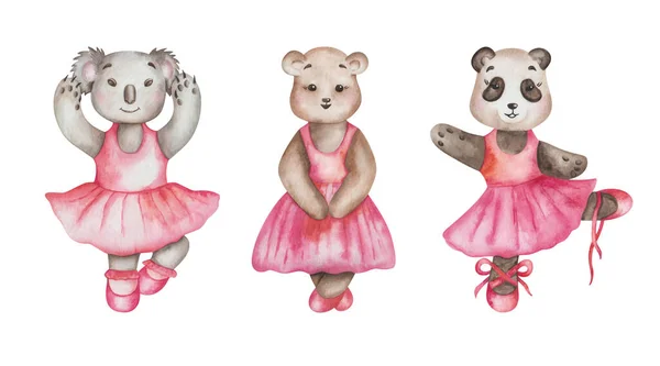 Akvarell Illusztráció Kézzel Festett Rajzfilm Medvék Tánc Stúdióban Rózsaszín Ruhában — Stock Fotó
