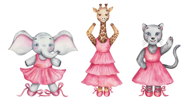 Akvarell Illustration Handmålad Tecknad Elefant Panterkatt Giraff Flickor Dansstudio Rosa — Stockfoto