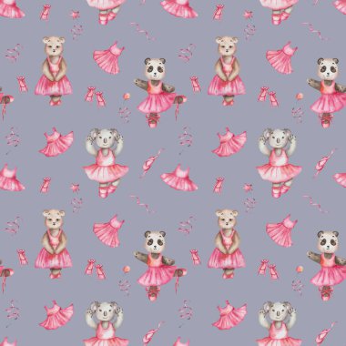 Suluboya kusursuz desen. Pembe elbiseli, bale ayakkabılı, dans stüdyosundaki ayıların el çizimi. Koala, panda, oyuncak ayı. Hayvan çizgi film karakteri. Tekstil için gri arkaplanda yazdır