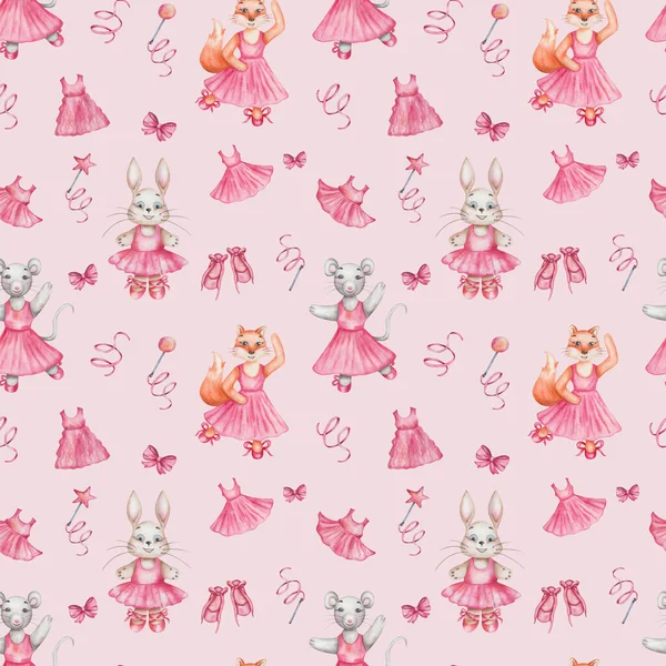 Watercolor seamless pattern. Hand painted illustration of mouse, fox, rabbit, hare. Girls in dance studio in pink dress, ballet shoes. Cartoon animal character. Print on pink background for textile