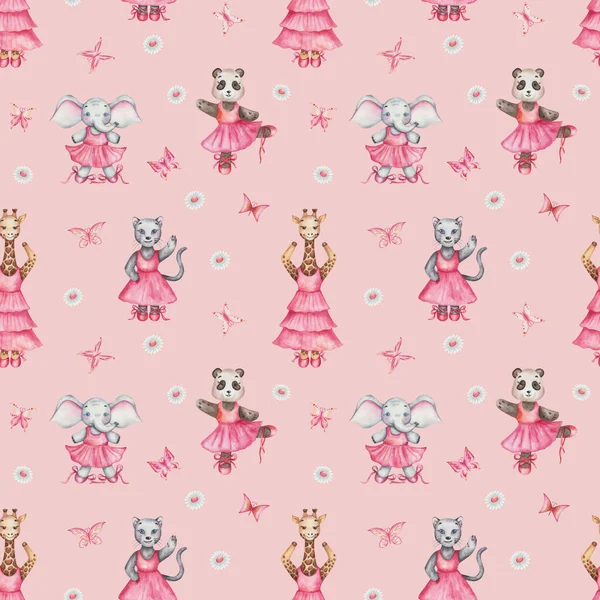 Watercolor seamless pattern. Hand painted illustration of cartoon elephant, panther cat, panda bear, giraffe. Girls in dance studio in pink dress, ballet shoes. Print on pink background for textile