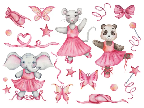 수채화 세트의 코끼리 분홍색 드레스에 신발을 스튜디오에 소녀들 캐릭터 스티커나 — 스톡 사진