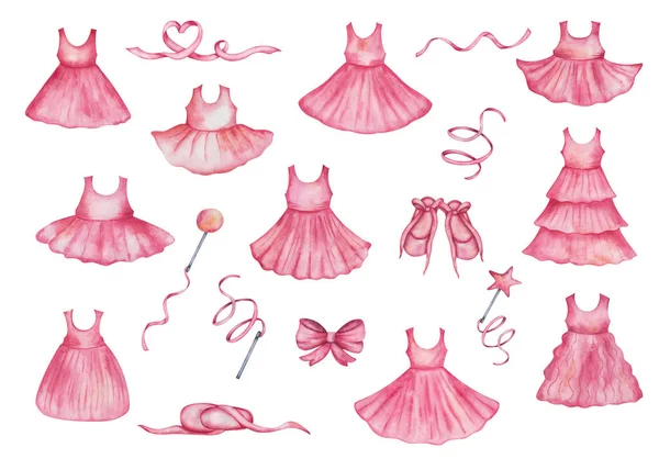 Ακουαρέλα Σύνολο Εικονογραφήσεων Ζωγραφισμένα Στο Χέρι Ροζ Φορέματα Αμάνικο Μπλουζάκι — Φωτογραφία Αρχείου