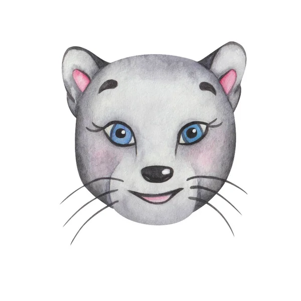 Watercolor Illustration Hand Painted Grey Black Panther Cat Pink Ears — Stockfoto