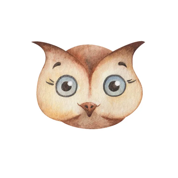 水彩画 手绘褐色猫头鹰鸟与大蓝眼睛 笑的小动物 卡通角色 儿童织物 纺织品印花 贴纸用孤立夹艺术 — 图库照片