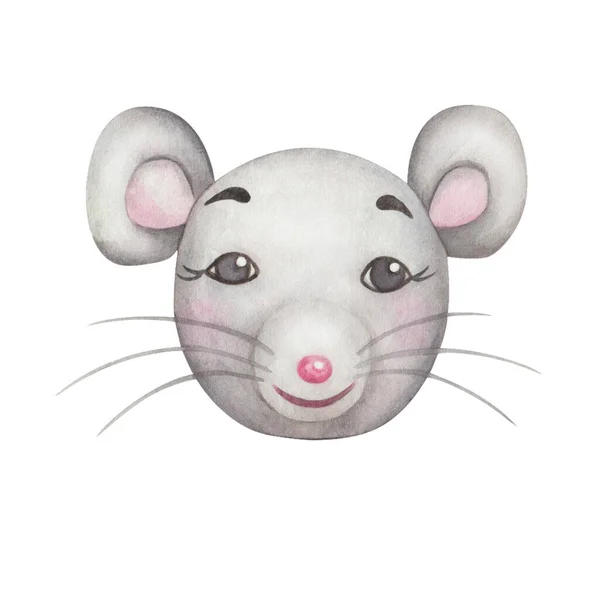 Ilustracja Akwareli Ręcznie Malowana Szara Mysz Różowymi Policzkami Uśmiechem Wąsami — Zdjęcie stockowe