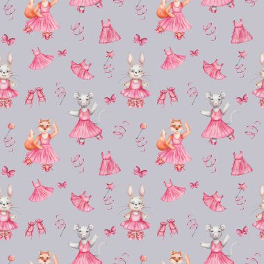 Suluboya kusursuz desen. Elle boyanmış fare, tilki, tavşan ve tavşan resimleri. Pembe elbiseli, bale ayakkabılı kızlar. Çizgi film karakteri. Tekstil için gri arkaplanda yazdır