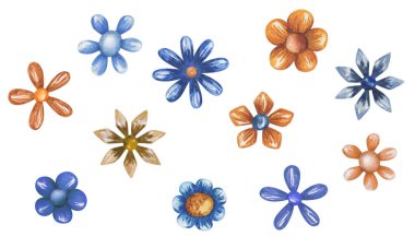 Suluboya çizimi. El boyası mavi ve sarı çiçekler. Tarlalarda kır çiçekleri, çayırlar. Papatyalar, papatyalar. Soyut doğa. Çiçekli elementler. Desenler ve baskılar için izole klipsli sanat