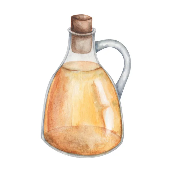 水彩画 用手绘的黄色初榨橄榄油在玻璃瓶中 用手柄和褐色软木塞装饰 葵花籽油在瓶子里 橙汁装在透明的水壶里 用于横幅的孤立剪贴画 — 图库照片