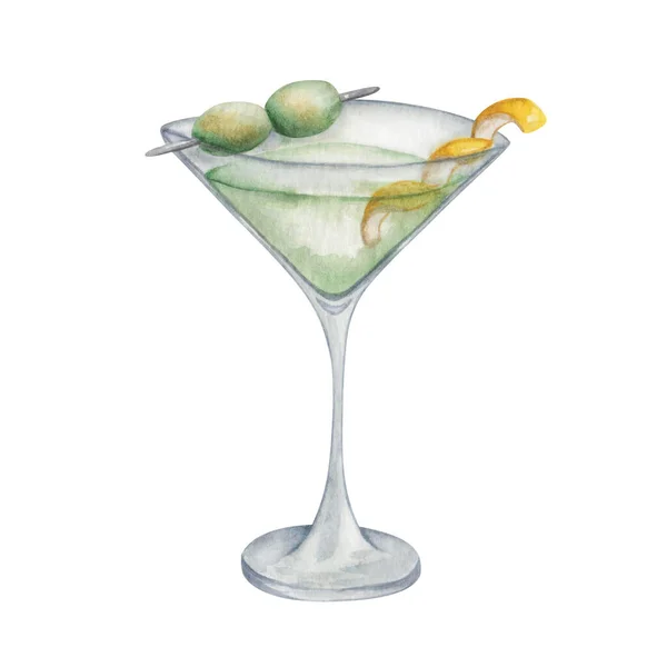 Akvarell Illustration Handmålad Grön Cocktail Matriniglas Med Gröna Oliver Och — Stockfoto
