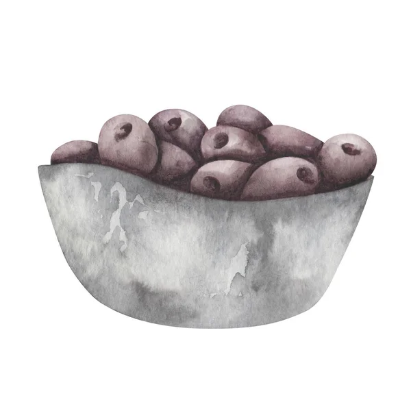 水彩イラスト 手描きの黒オリーブをグレーのボウルに入れました 料理の中の食べ物 果物を皿の中に入れます 台所用品 バナー メニュー 広告のための分離されたクリップアート — ストック写真