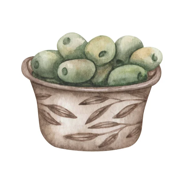 水彩イラスト 手描きの緑のオリーブを葉で装飾された茶色の木製のボウルに入れました 料理の中の食べ物 果物を皿の中に入れます バナー メニューのための分離されたクリップアート — ストック写真