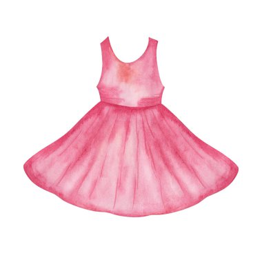 Suluboya çizimi. El boyası pembe elbise, kolsuz tişört ve kabarık etek. Kadın kıyafetleri. Kız gardırobu. Kadın kıyafetleri. Mağaza afişleri ve çıkartmalar için izole moda klipleri.