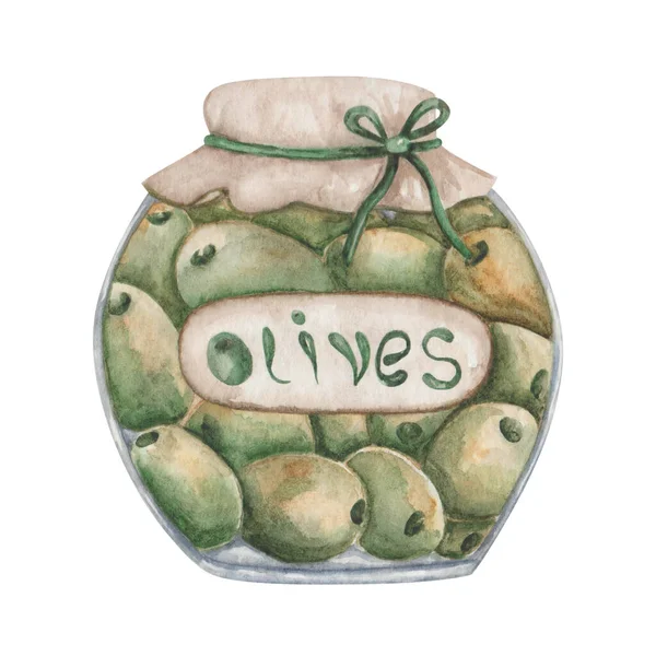 Ilustrace Akvarelů Ručně Malované Zelené Olivy Skleněné Nádobě Štítek Slovem — Stock fotografie