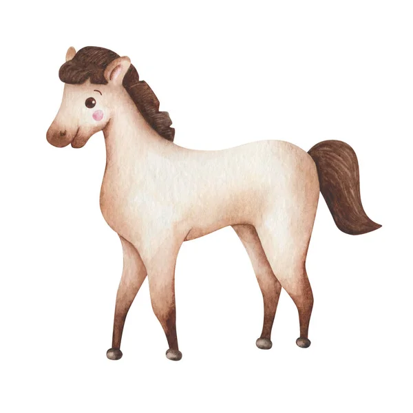 Akvarell Illustration Handmålad Brun Och Beige Liten Baby Häst Ponny — Stockfoto