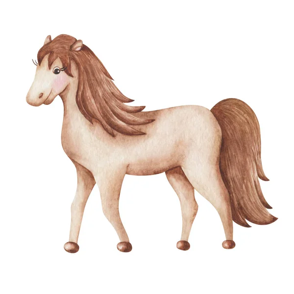 Ilustracja Akwareli Ręcznie Malowany Brązowy Beżowy Koń Kucyk Klaczka Brązową — Zdjęcie stockowe