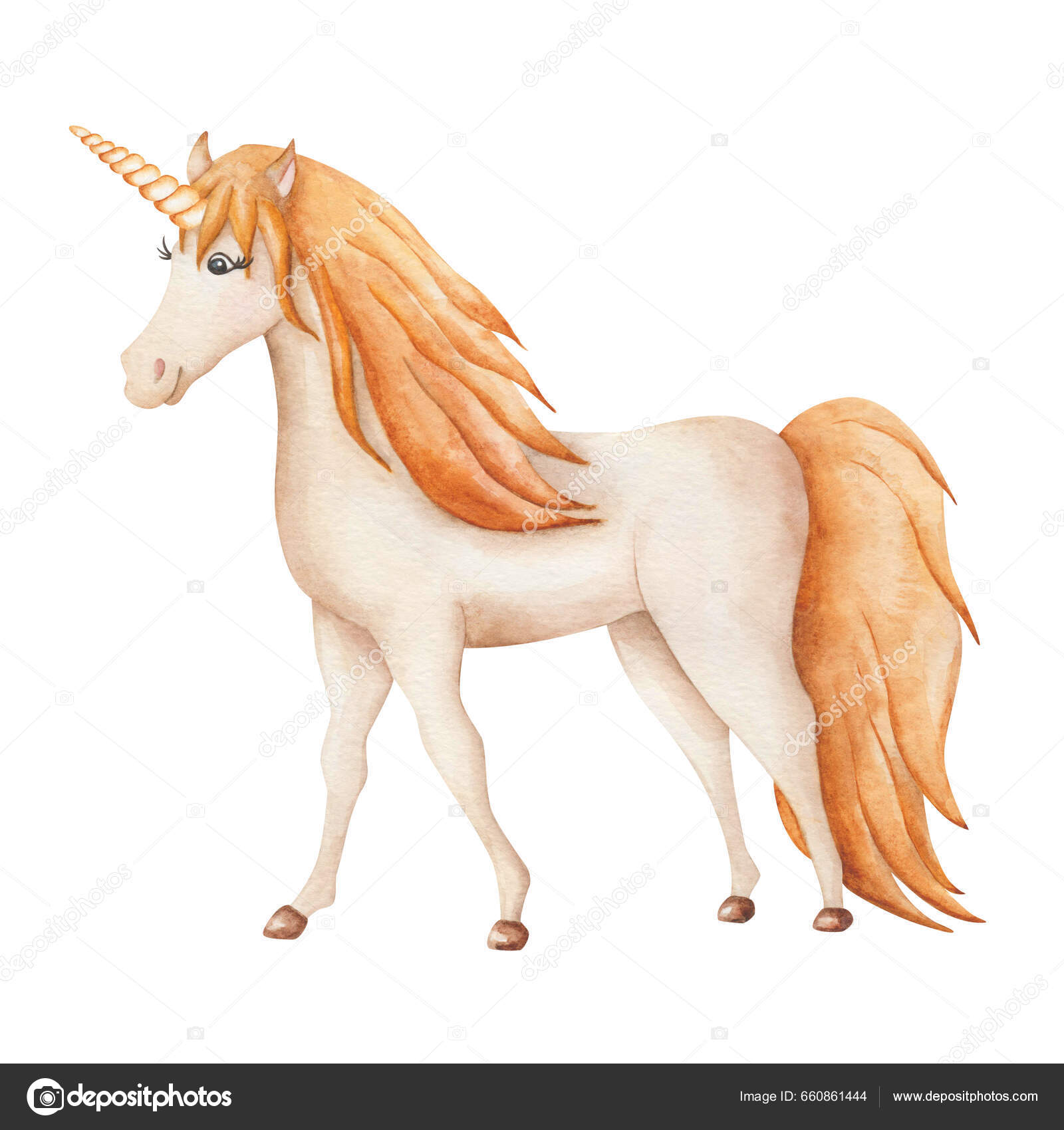 Akvarel Illustration Håndmalet Enhjørningshest Beige Gule Gyldne Farver Med  Stor — Stockfoto © OlgaSidelnikova #660861444, image size:1600x1700