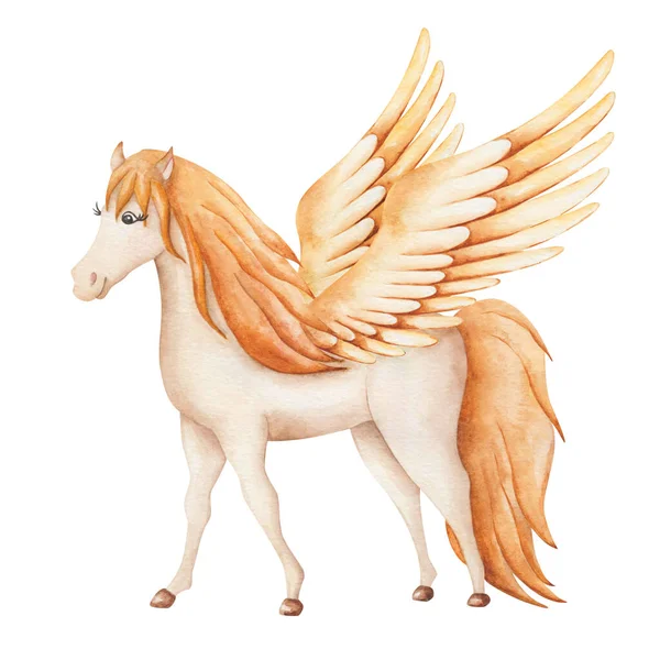 Akvarell Illustration Handmålad Beige Pegasus Häst Med Gula Gyllene Bruna — Stockfoto