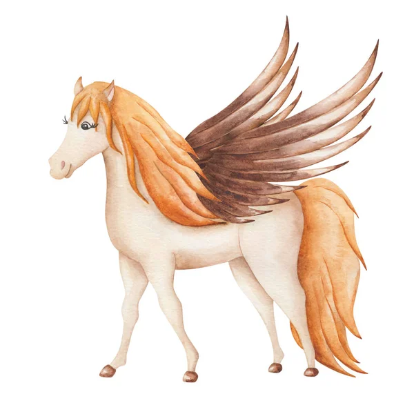 Ilustrace Akvarelů Ručně Malovaný Béžový Pegasový Kůň Hnědými Křídly Žlutým — Stock fotografie