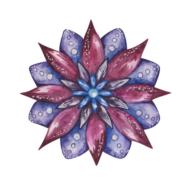 Watercolor illustration. Hand painted mandala flower in purple, blue, black, violet colors. Arabesque. Orient ornament. Space colors of starry night. Isolated floral clip art for banners, prints