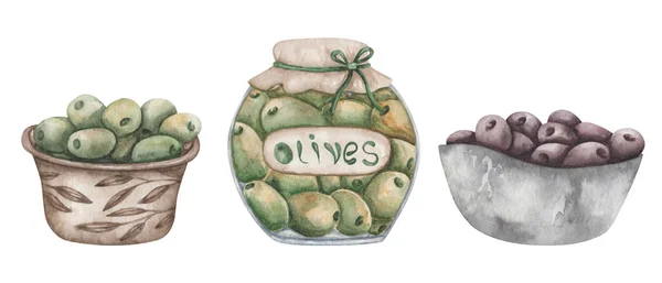 Set Acquerello Illustrazioni Olive Verdi Nere Snocciolate Dipinte Mano Vaso — Foto Stock