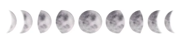 Akvarell Uppsättning Illustrationer Handmålade Grå Månsatellit Jorden Lunarfaserna Månskära Rymd — Stockfoto