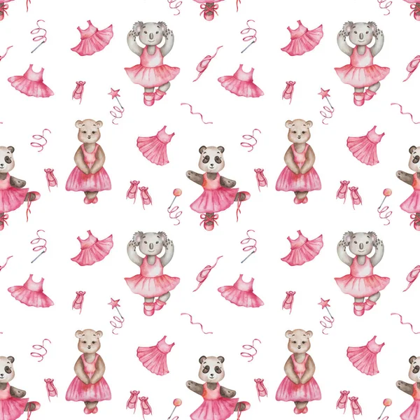 Акварель Безшовний Рука Малювала Ілюстрації Ведмедів Танцювальній Студії Рожевій Сукні — стокове фото