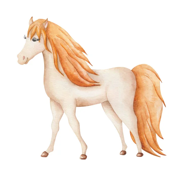 Illustrazione Acquerello Cavallo Marrone Beige Dipinto Mano Mare Con Lungo — Foto Stock