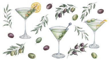 Resimlerin suluboya seti. Martini bardağına elle boyanmış martini kokteyli, kabuklu, limonlu. Yeşil ve siyah zeytin. Zeytin dalı. Kirli martini. Alkol içeceği. İzole klipsli sanat