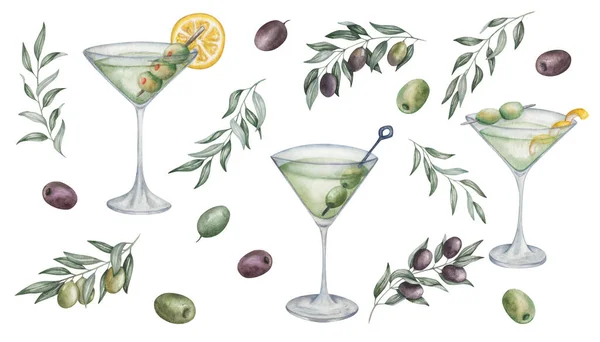Conjunto Aquarela Ilustrações Coquetéis Martini Secos Pintados Mão Vidro Martini — Fotografia de Stock
