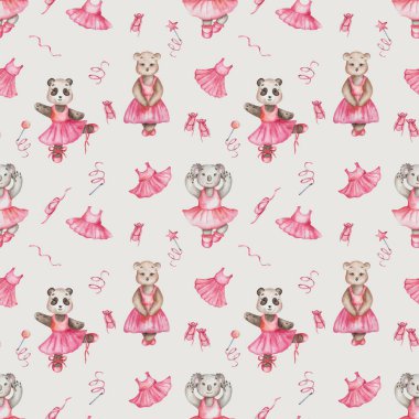 Watercolor seamless pattern. Hand painted illustration of bears in dance studio in pink dress, ballet shoes. Koala, panda, teddy bear. Animal cartoon character. Print on beige background for textile