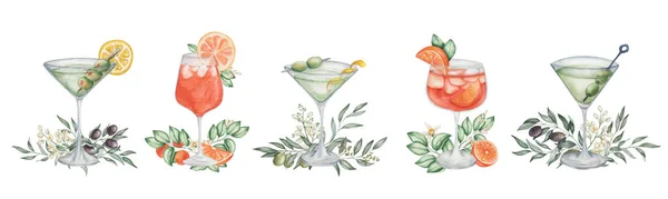 Akvarell Uppsättning Illustrationer Handmålade Aperol Spritz Och Smutsiga Martini Cocktails — Stockfoto
