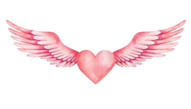 Suluboya çizimi. Melek gibi kanatları olan el boyası kırmızı kalp. Aşk tanrısı, meleğim. Aşk sembolü. Tüylü kanatlar. Düğün davetiyesi için klipsli resim. Sevgililer Günü için aşk kartı