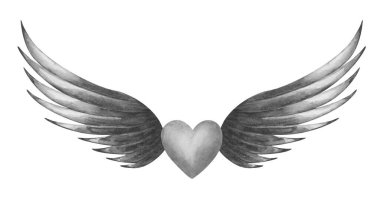 Suluboya çizimi. Elle boyanmış gri bir kalp ve melek gibi siyah kanatlar. Aşk tanrısı, melek dövmesi. Aşk sembolü. Tüylü kanatlar. Düğünler için münferit klip sanatı. Sevgililer Günü için aşk kartı