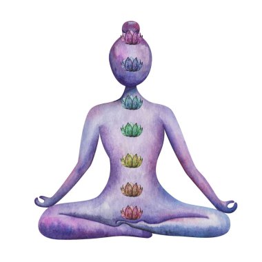 Suluboya çizimi. Nilüfer pozisyonunda oturmuş meditasyonda el boyaması yoga yapan kız. Padmasana. Çakralı çıplak yoga kadını silueti. Denge egzersizi. İzole edilmiş spor klipsi sanatı. Yoga stüdyosu