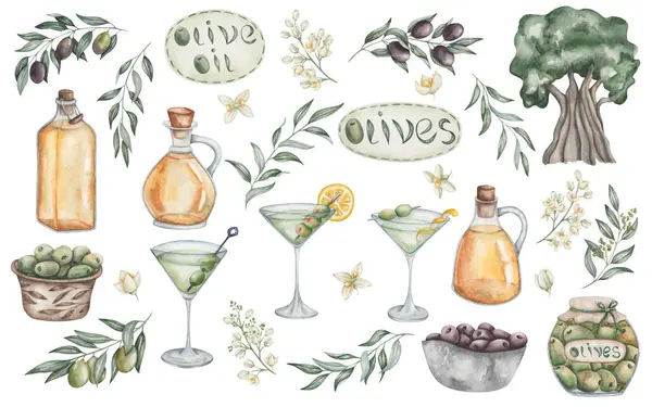 Watercolor olive set of illustrations. Hand painted dry martini cocktails. Olive oil in bottles, jugs. Olive fruits in jar. Branches, tree, flowers. Dirty martini. Alcohol drink. Isolated clip art