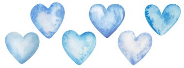 Resimlerin suluboya seti. Mavi renge boyanmış kalpler. Boş şablon arka planlar. Aşk, flört, birkaç unsur. Soyut su, deniz, gökyüzü. Sevgililer Günü için izole edilmiş klip sanatı