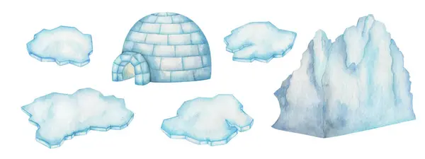 Set Acquerello Illustrazioni Casa Igloo Dipinta Mano Lastra Ghiaccio Iceberg — Foto Stock