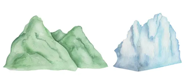 Set Acquerello Illustrazioni Montagna Verde Dipinta Mano Collina Erba Blu — Foto Stock