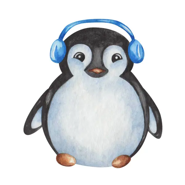 水彩イラスト 手描きのペンギン ブルーヘッドフォン イヤーウォーマー ベビー ペンギン ボーイ 海洋鳥 巣作り 南極点 — ストック写真