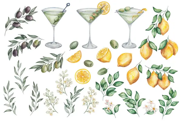 Akvarell Illusztrációk Kézzel Festett Száraz Martini Koktélok Martini Pohárban Zöld Stock Kép