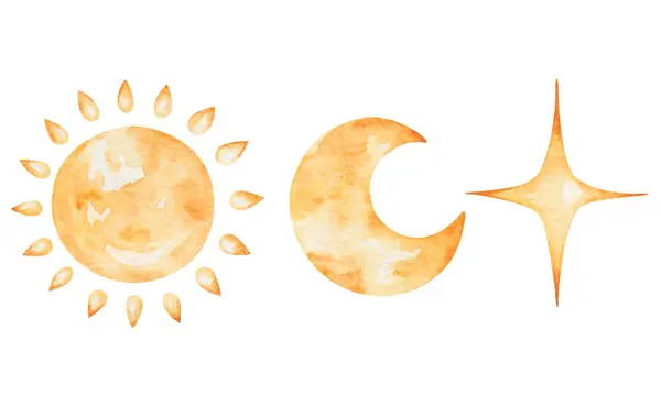Акварельный Набор Иллюстраций Ручная Роспись Солнца Лучами Луной Четырьмя Заостренными Стоковая Картинка