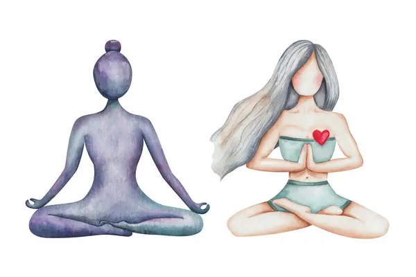 Akvarell Illusztrációk Kézzel Festett Jóga Lány Lótuszpozícióban Meditáció Namaste Padmasana Jogdíjmentes Stock Fotók