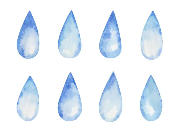 Акварельный Набор Иллюстраций Ручная Роспись Голубой Белой Капель Воды Дождливый Стоковая Картинка