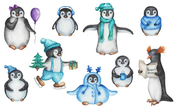 Акварельный Набор Иллюстраций Ручная Роспись Пингвинов Пингвинские Персонажи Мальчики Девочки Стоковое Фото