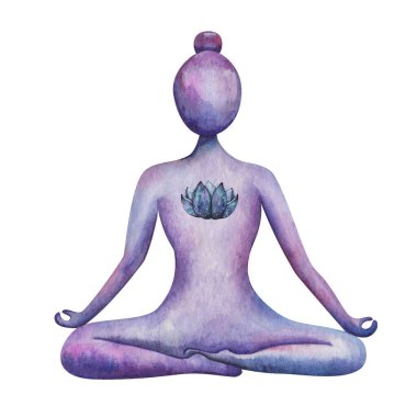 Suluboya çizimi. Nilüfer pozisyonunda oturmuş meditasyonda el boyaması yoga yapan kız. Padmasana. Lotus çiçeği. Çakralı çıplak yoga kadını silueti. İzole edilmiş spor klipsi sanatı. Yoga stüdyosu
