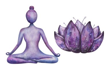 Resimlerin suluboya seti. Nilüfer pozisyonunda oturmuş meditasyonda el boyaması yoga yapan kız. Padmasana. Lotus çiçeği. Çıplak yoga kadını silueti. İzole edilmiş spor klipsi sanatı. Yoga stüdyosu